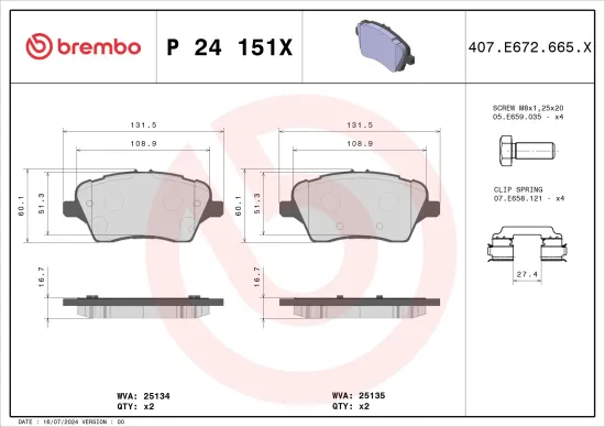 Bremsbelagsatz, Scheibenbremse Vorderachse BREMBO P 24 151X Bild Bremsbelagsatz, Scheibenbremse Vorderachse BREMBO P 24 151X