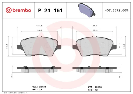 Bremsbelagsatz, Scheibenbremse Vorderachse BREMBO P 24 151 Bild Bremsbelagsatz, Scheibenbremse Vorderachse BREMBO P 24 151