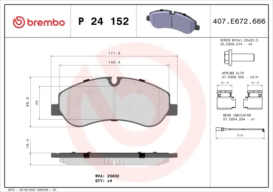 Bremsbelagsatz, Scheibenbremse Vorderachse BREMBO P 24 152 Bild Bremsbelagsatz, Scheibenbremse Vorderachse BREMBO P 24 152