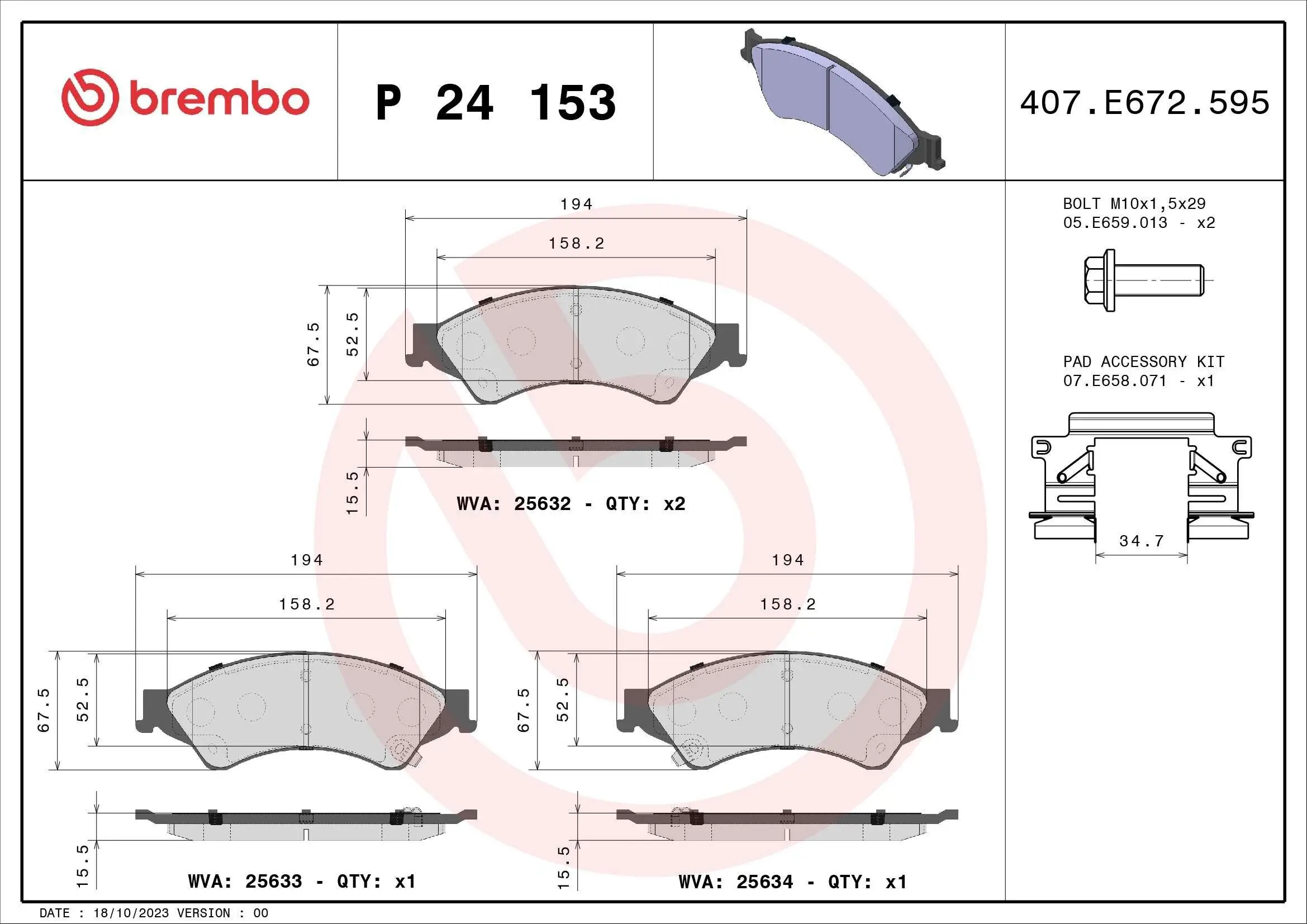 Bremsbelagsatz, Scheibenbremse Vorderachse BREMBO P 24 153X
