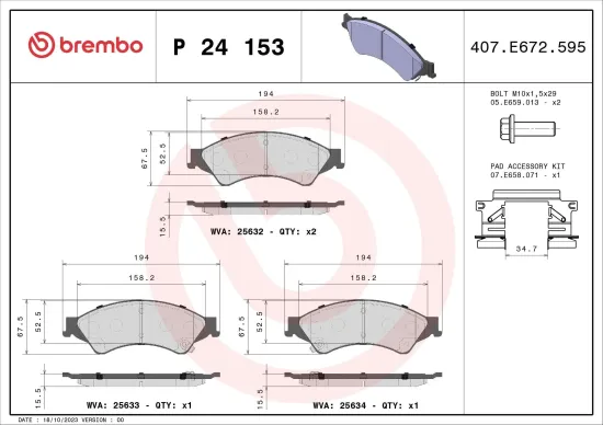 Bremsbelagsatz, Scheibenbremse Vorderachse BREMBO P 24 153X Bild Bremsbelagsatz, Scheibenbremse Vorderachse BREMBO P 24 153X