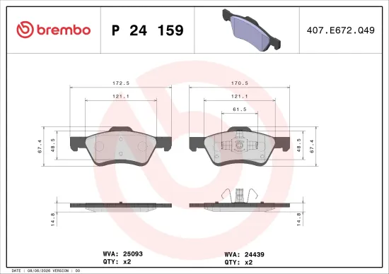 Bremsbelagsatz, Scheibenbremse Vorderachse BREMBO P 24 159 Bild Bremsbelagsatz, Scheibenbremse Vorderachse BREMBO P 24 159