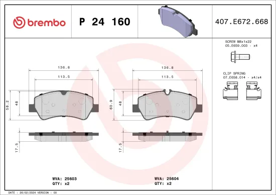 Bremsbelagsatz, Scheibenbremse Hinterachse BREMBO P 24 160 Bild Bremsbelagsatz, Scheibenbremse Hinterachse BREMBO P 24 160