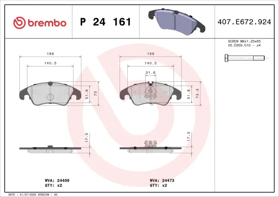 Bremsbelagsatz, Scheibenbremse Vorderachse BREMBO P 24 161 Bild Bremsbelagsatz, Scheibenbremse Vorderachse BREMBO P 24 161