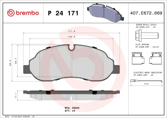 Bremsbelagsatz, Scheibenbremse Vorderachse BREMBO P 24 171 Bild Bremsbelagsatz, Scheibenbremse Vorderachse BREMBO P 24 171