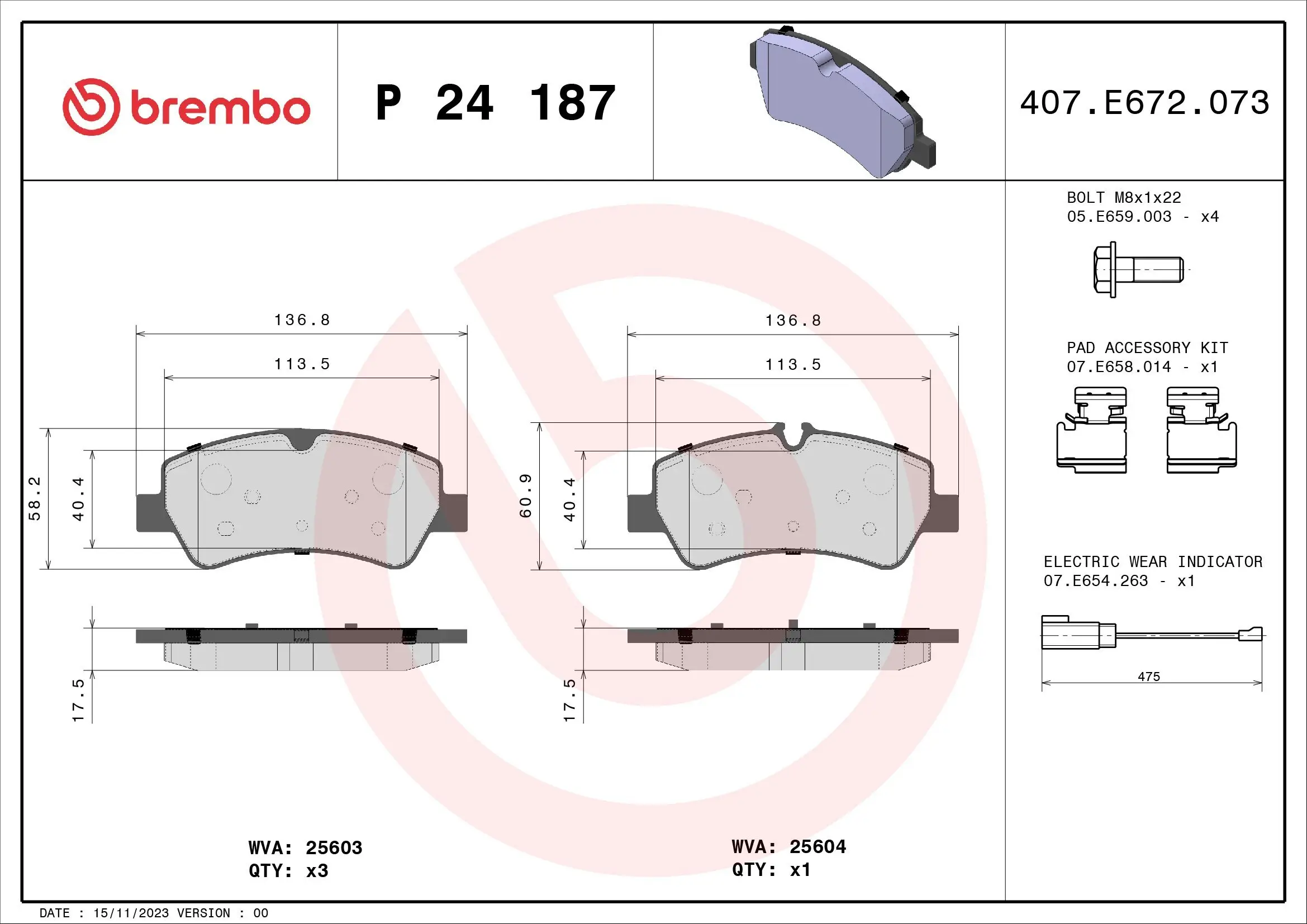 Bremsbelagsatz, Scheibenbremse BREMBO P 24 187