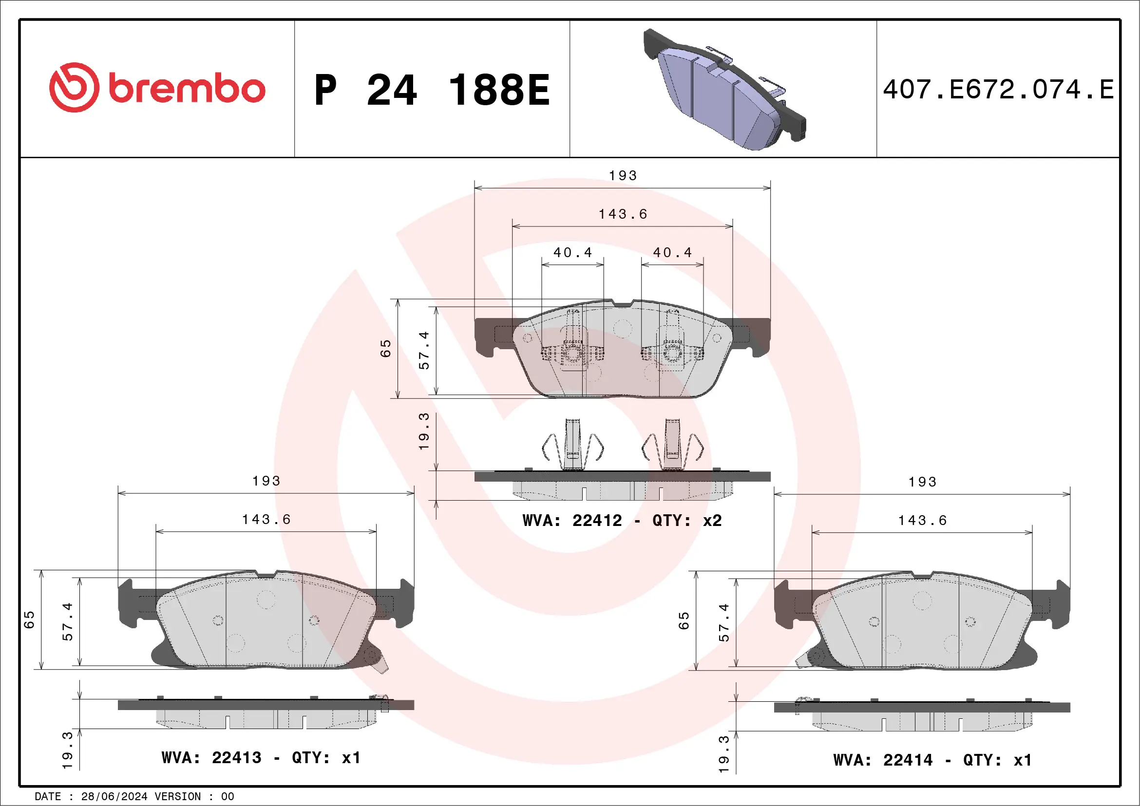 Bremsbelagsatz, Scheibenbremse Vorderachse BREMBO P 24 188E
