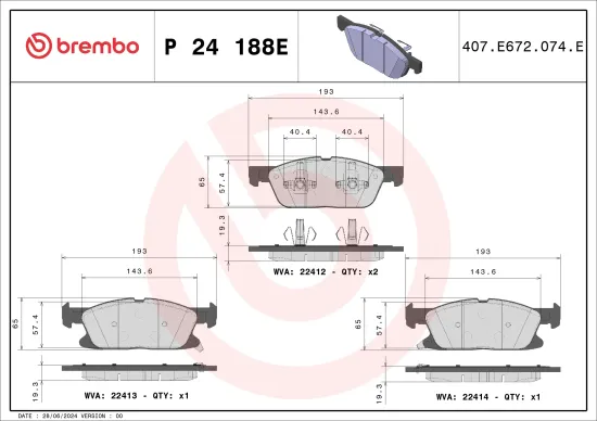 Bremsbelagsatz, Scheibenbremse Vorderachse BREMBO P 24 188E Bild Bremsbelagsatz, Scheibenbremse Vorderachse BREMBO P 24 188E