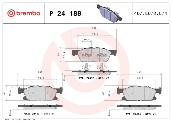 Bremsbelagsatz, Scheibenbremse Vorderachse BREMBO P 24 188 Bild Bremsbelagsatz, Scheibenbremse Vorderachse BREMBO P 24 188