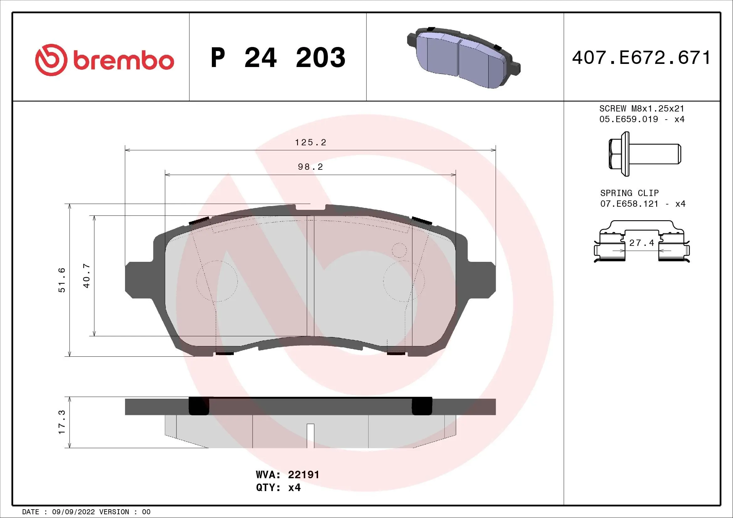 Bremsbelagsatz, Scheibenbremse Vorderachse BREMBO P 24 203