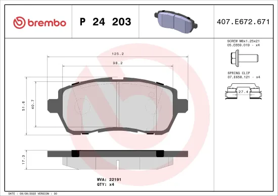 Bremsbelagsatz, Scheibenbremse Vorderachse BREMBO P 24 203 Bild Bremsbelagsatz, Scheibenbremse Vorderachse BREMBO P 24 203