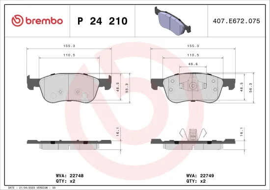Bremsbelagsatz, Scheibenbremse Vorderachse BREMBO P 24 210 Bild Bremsbelagsatz, Scheibenbremse Vorderachse BREMBO P 24 210