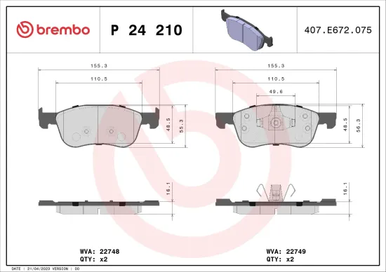 Bremsbelagsatz, Scheibenbremse Vorderachse BREMBO P 24 210 Bild Bremsbelagsatz, Scheibenbremse Vorderachse BREMBO P 24 210