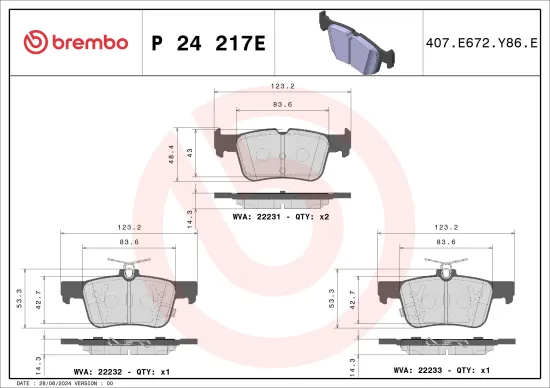 Bremsbelagsatz, Scheibenbremse Hinterachse BREMBO P 24 217E Bild Bremsbelagsatz, Scheibenbremse Hinterachse BREMBO P 24 217E