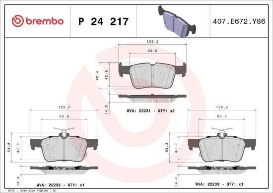 Bremsbelagsatz, Scheibenbremse BREMBO P 24 217 Bild Bremsbelagsatz, Scheibenbremse BREMBO P 24 217