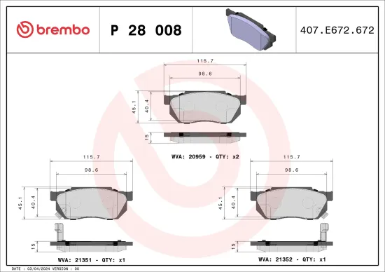 Bremsbelagsatz, Scheibenbremse Vorderachse BREMBO P 28 008 Bild Bremsbelagsatz, Scheibenbremse Vorderachse BREMBO P 28 008