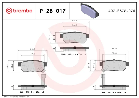 Bremsbelagsatz, Scheibenbremse Hinterachse BREMBO P 28 017 Bild Bremsbelagsatz, Scheibenbremse Hinterachse BREMBO P 28 017