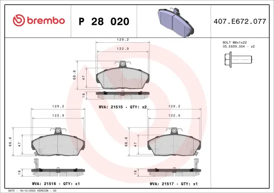 Bremsbelagsatz, Scheibenbremse BREMBO P 28 020 Bild Bremsbelagsatz, Scheibenbremse BREMBO P 28 020