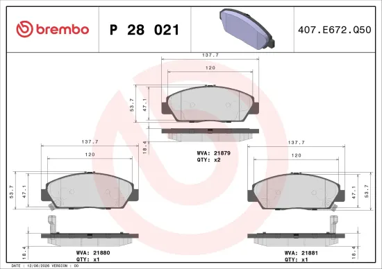 Bremsbelagsatz, Scheibenbremse Vorderachse BREMBO P 28 021 Bild Bremsbelagsatz, Scheibenbremse Vorderachse BREMBO P 28 021