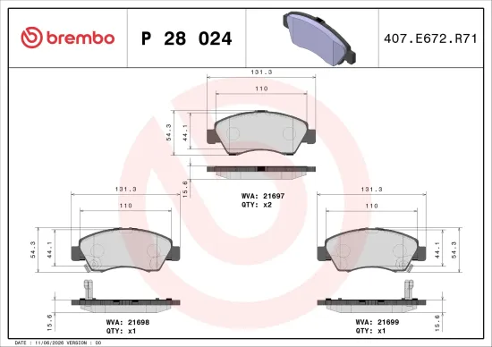 Bremsbelagsatz, Scheibenbremse Vorderachse BREMBO P 28 024 Bild Bremsbelagsatz, Scheibenbremse Vorderachse BREMBO P 28 024