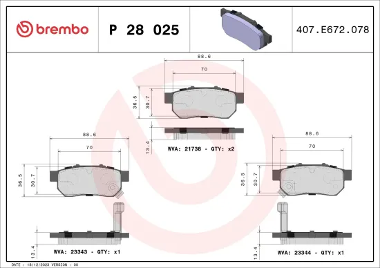 Bremsbelagsatz, Scheibenbremse Hinterachse BREMBO P 28 025 Bild Bremsbelagsatz, Scheibenbremse Hinterachse BREMBO P 28 025