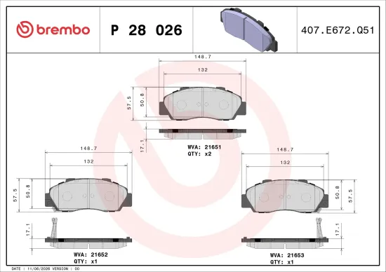 Bremsbelagsatz, Scheibenbremse Vorderachse BREMBO P 28 026 Bild Bremsbelagsatz, Scheibenbremse Vorderachse BREMBO P 28 026