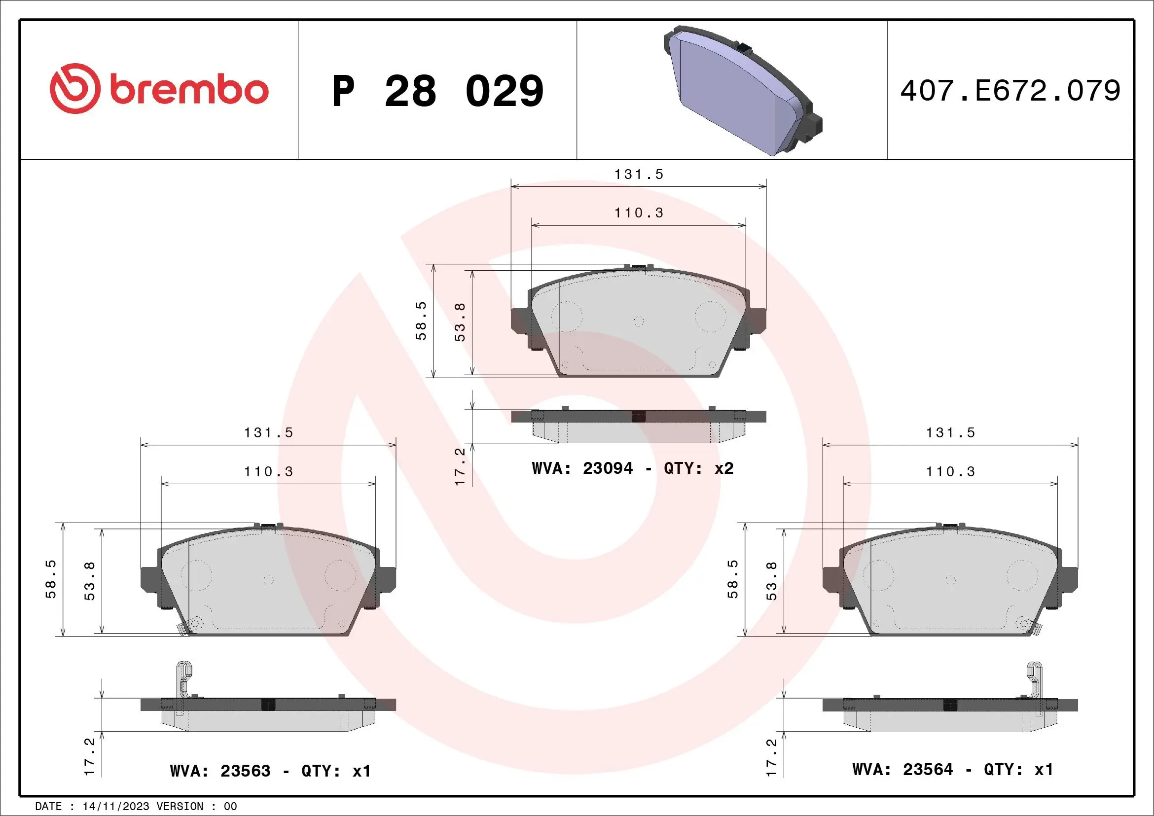 Bremsbelagsatz, Scheibenbremse Vorderachse BREMBO P 28 029