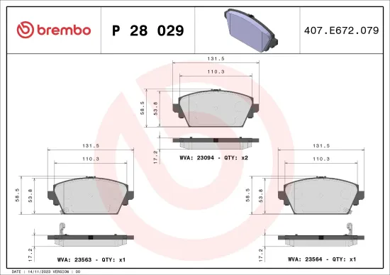 Bremsbelagsatz, Scheibenbremse Vorderachse BREMBO P 28 029 Bild Bremsbelagsatz, Scheibenbremse Vorderachse BREMBO P 28 029