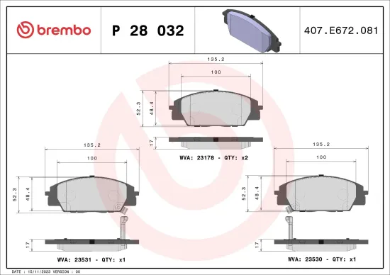 Bremsbelagsatz, Scheibenbremse Vorderachse BREMBO P 28 032 Bild Bremsbelagsatz, Scheibenbremse Vorderachse BREMBO P 28 032