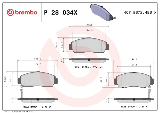 Bremsbelagsatz, Scheibenbremse Vorderachse BREMBO P 28 034X Bild Bremsbelagsatz, Scheibenbremse Vorderachse BREMBO P 28 034X