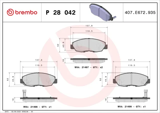 Bremsbelagsatz, Scheibenbremse Vorderachse BREMBO P 28 042 Bild Bremsbelagsatz, Scheibenbremse Vorderachse BREMBO P 28 042