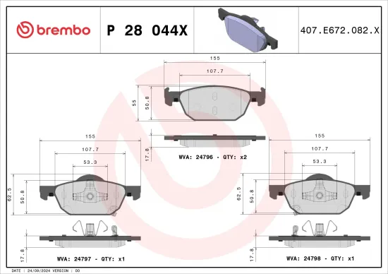 Bremsbelagsatz, Scheibenbremse Vorderachse BREMBO P 28 044X Bild Bremsbelagsatz, Scheibenbremse Vorderachse BREMBO P 28 044X