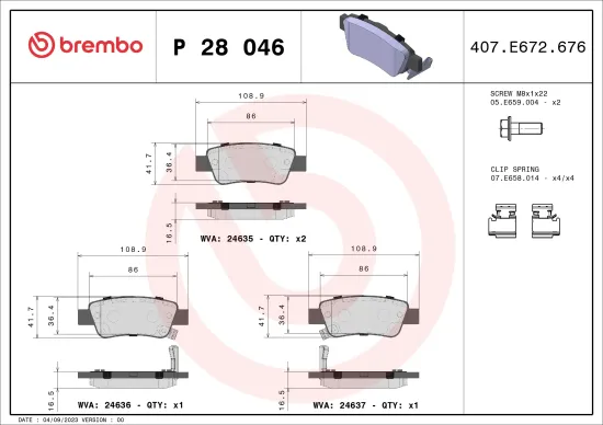 Bremsbelagsatz, Scheibenbremse Hinterachse BREMBO P 28 046 Bild Bremsbelagsatz, Scheibenbremse Hinterachse BREMBO P 28 046