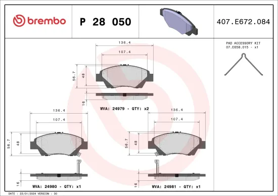 Bremsbelagsatz, Scheibenbremse Vorderachse BREMBO P 28 050X Bild Bremsbelagsatz, Scheibenbremse Vorderachse BREMBO P 28 050X