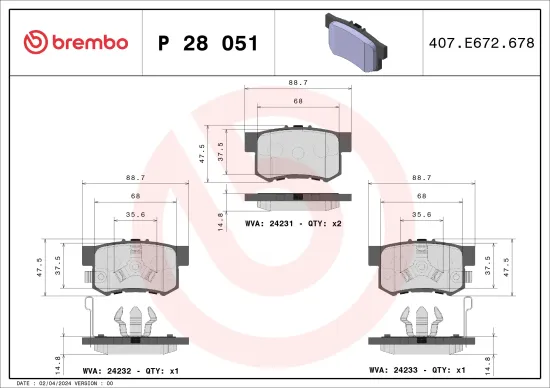 Bremsbelagsatz, Scheibenbremse Hinterachse BREMBO P 28 051 Bild Bremsbelagsatz, Scheibenbremse Hinterachse BREMBO P 28 051