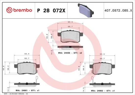 Bremsbelagsatz, Scheibenbremse Hinterachse BREMBO P 28 072X Bild Bremsbelagsatz, Scheibenbremse Hinterachse BREMBO P 28 072X