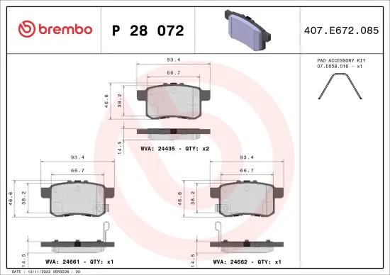 Bremsbelagsatz, Scheibenbremse Hinterachse BREMBO P 28 072 Bild Bremsbelagsatz, Scheibenbremse Hinterachse BREMBO P 28 072