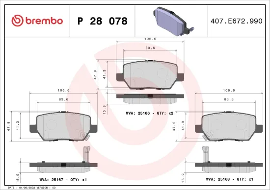 Bremsbelagsatz, Scheibenbremse Hinterachse BREMBO P 28 078 Bild Bremsbelagsatz, Scheibenbremse Hinterachse BREMBO P 28 078