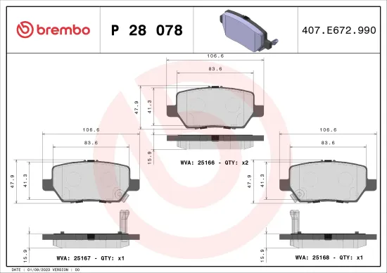 Bremsbelagsatz, Scheibenbremse Hinterachse BREMBO P 28 078 Bild Bremsbelagsatz, Scheibenbremse Hinterachse BREMBO P 28 078
