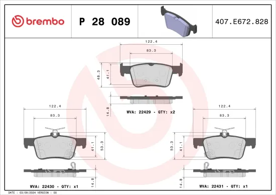 Bremsbelagsatz, Scheibenbremse Hinterachse BREMBO P 28 089 Bild Bremsbelagsatz, Scheibenbremse Hinterachse BREMBO P 28 089