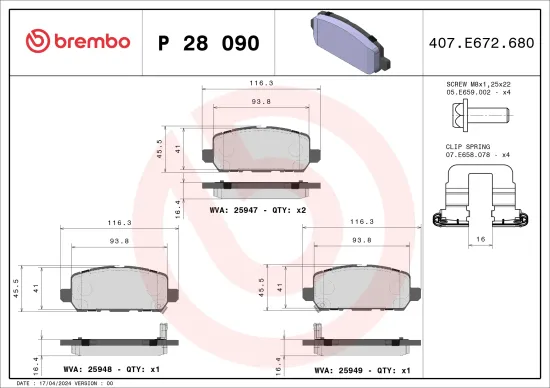 Bremsbelagsatz, Scheibenbremse Hinterachse BREMBO P 28 090 Bild Bremsbelagsatz, Scheibenbremse Hinterachse BREMBO P 28 090