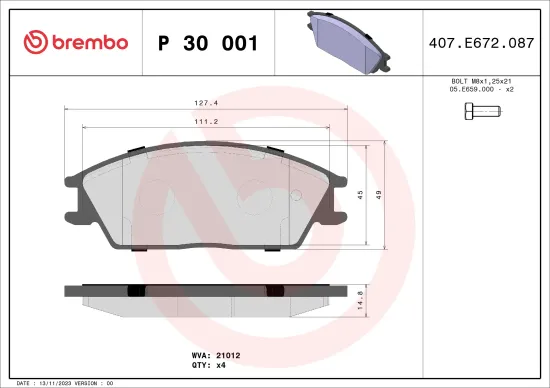 Bremsbelagsatz, Scheibenbremse Vorderachse BREMBO P 30 001 Bild Bremsbelagsatz, Scheibenbremse Vorderachse BREMBO P 30 001