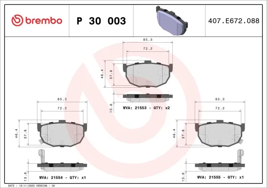 Bremsbelagsatz, Scheibenbremse Hinterachse BREMBO P 30 003 Bild Bremsbelagsatz, Scheibenbremse Hinterachse BREMBO P 30 003