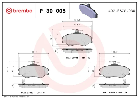 Bremsbelagsatz, Scheibenbremse Vorderachse BREMBO P 30 005 Bild Bremsbelagsatz, Scheibenbremse Vorderachse BREMBO P 30 005