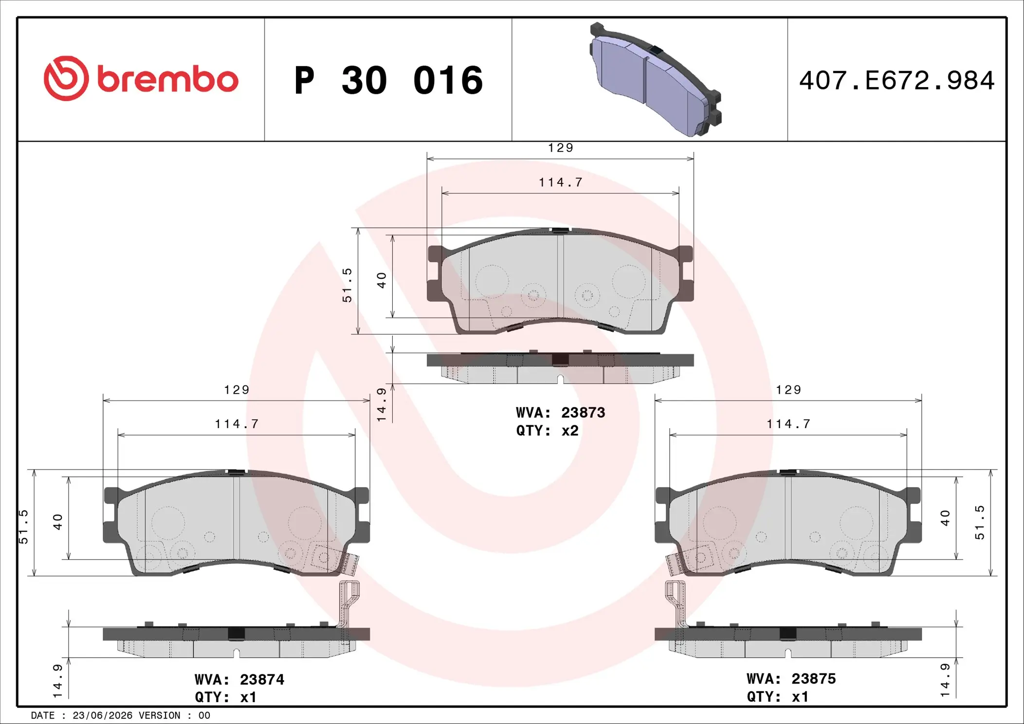 Bremsbelagsatz, Scheibenbremse Vorderachse BREMBO P 30 016