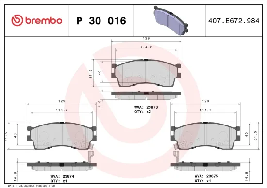 Bremsbelagsatz, Scheibenbremse Vorderachse BREMBO P 30 016 Bild Bremsbelagsatz, Scheibenbremse Vorderachse BREMBO P 30 016