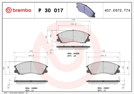Bremsbelagsatz, Scheibenbremse Vorderachse BREMBO P 30 017 Bild Bremsbelagsatz, Scheibenbremse Vorderachse BREMBO P 30 017