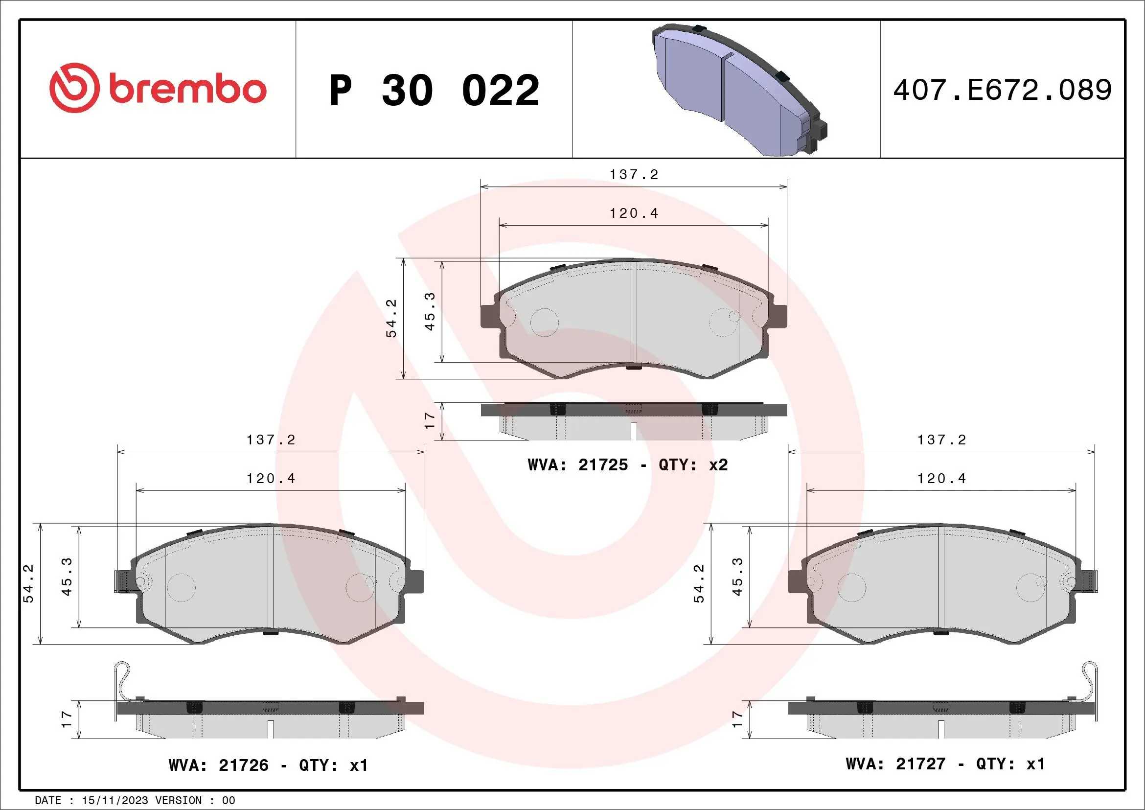 Bremsbelagsatz, Scheibenbremse Vorderachse BREMBO P 30 022