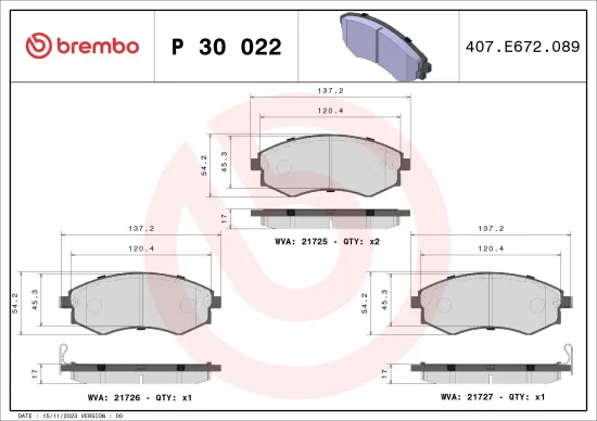 Bremsbelagsatz, Scheibenbremse Vorderachse BREMBO P 30 022 Bild Bremsbelagsatz, Scheibenbremse Vorderachse BREMBO P 30 022