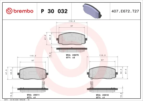 Bremsbelagsatz, Scheibenbremse Vorderachse BREMBO P 30 032 Bild Bremsbelagsatz, Scheibenbremse Vorderachse BREMBO P 30 032